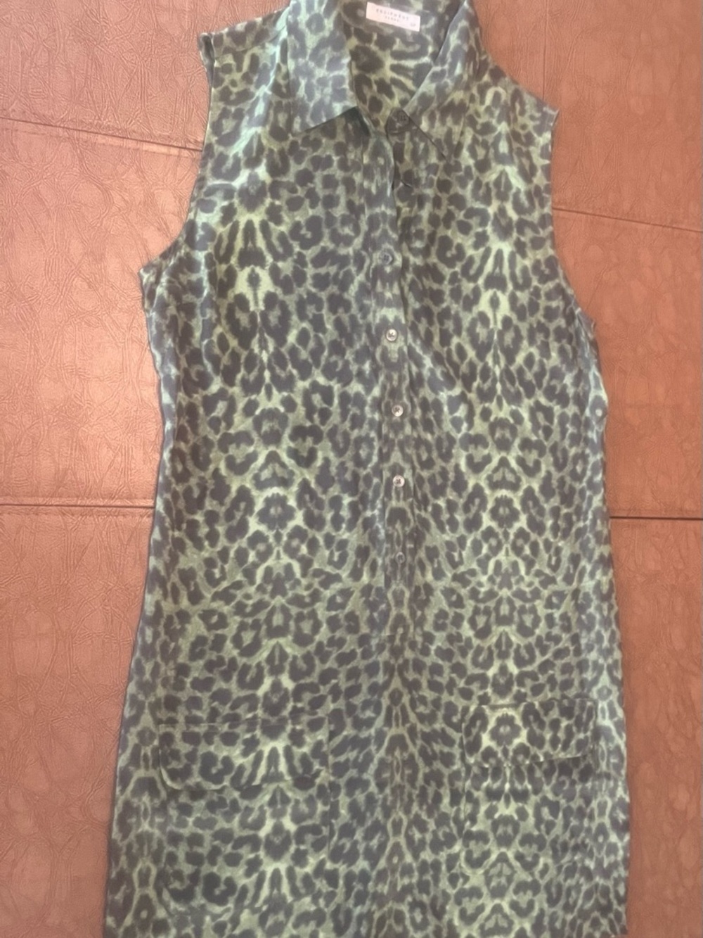 Equipment Femme Sleeveless Silk Dress Green Leopard Print Women's Small
